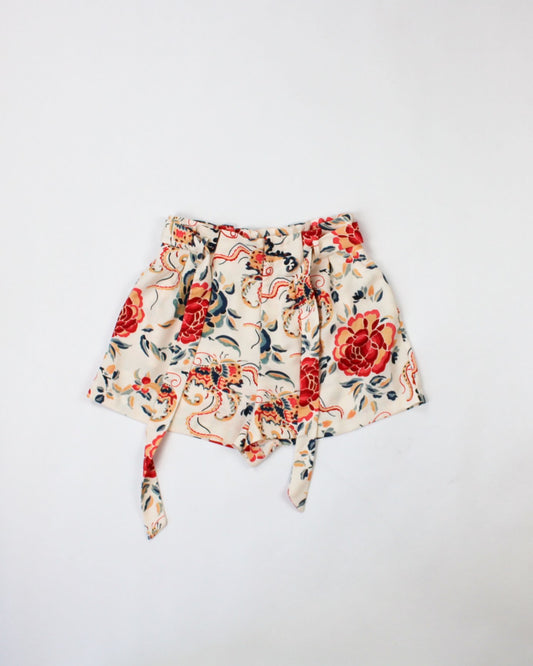 Zara - Trafaluc Collection Shorts M - Medium Beige with red, navy and orange floral and dragon print